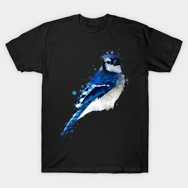 Dramabite Watercolor blue jay bird artistic animal painting T-Shirt by dramabite